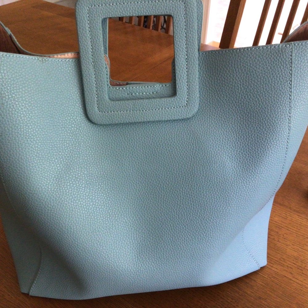 NWOT TMRW Studio pebbled leather shopper bag in blue with shoulder strap